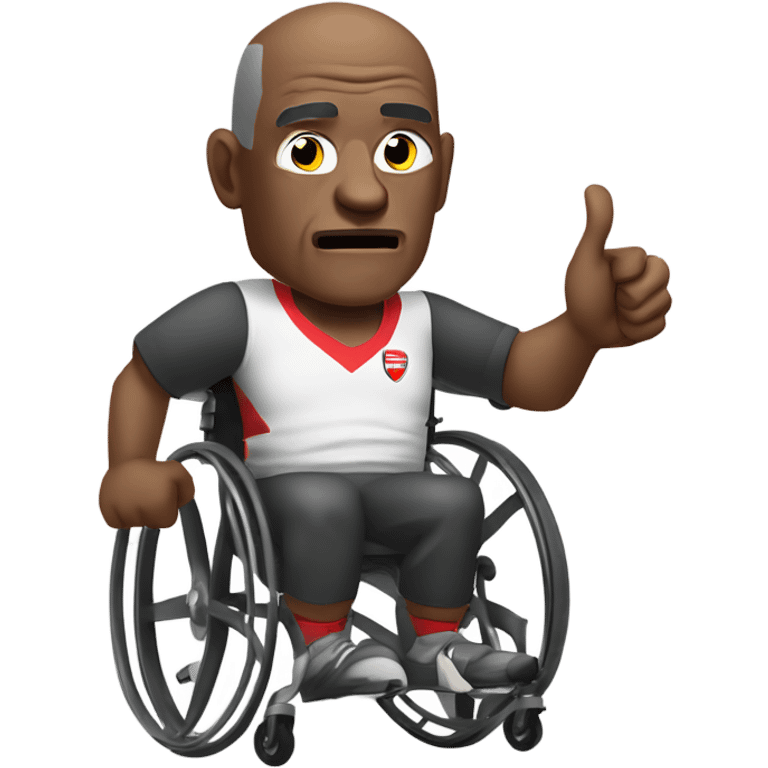 old black bald man with a round pot belly in wheelchair. angry face. grey stubble. he is pointing finger in front. wearing Arsenal soccer shirt. white word bubble emoji