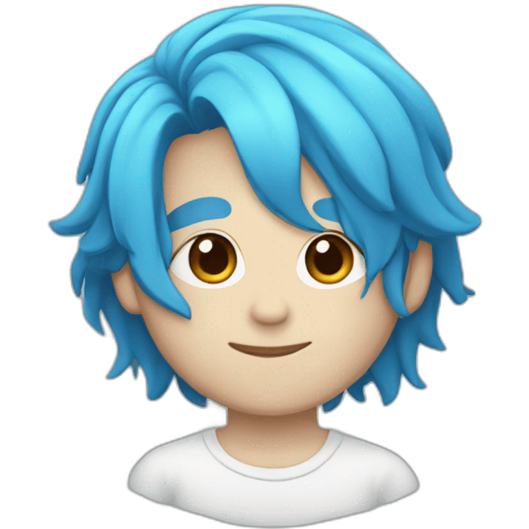 A blue-haired boy with long hair and a white face emoji