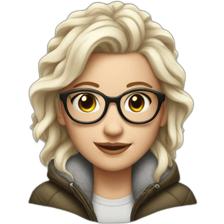 white Girl with ear piercings and smile,fleece jacket and glasses on her head emoji