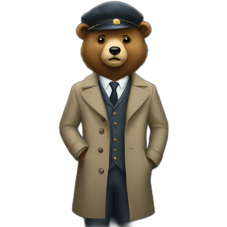 Bear in a trench coat and beret hat and suits at a door emoji