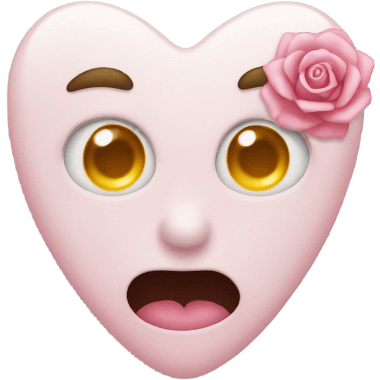 White heart with a Japanese pink rose, petal with a emoji of someone, rolling their eyes emoji