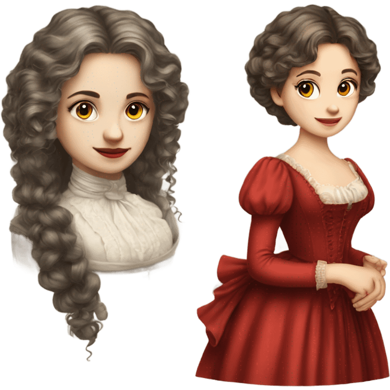 Young lady on victorian era long hair and red dress emoji