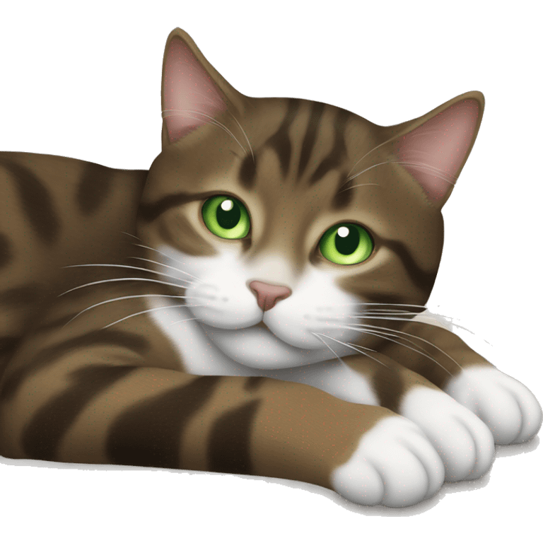 Dark brown tabby spotted cat with white paws, green eyes and white neck sleeping  emoji