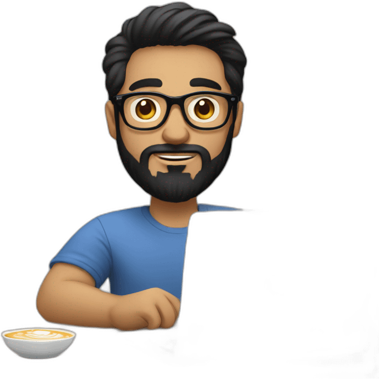 Designer with black hair, beard and glasses working with MacBook and drinking cappuccino  emoji