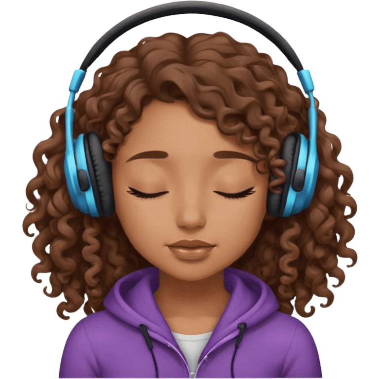 Light brown skin girl, long curly brown flat hair, eyes closed, headphones on listing to music emoji