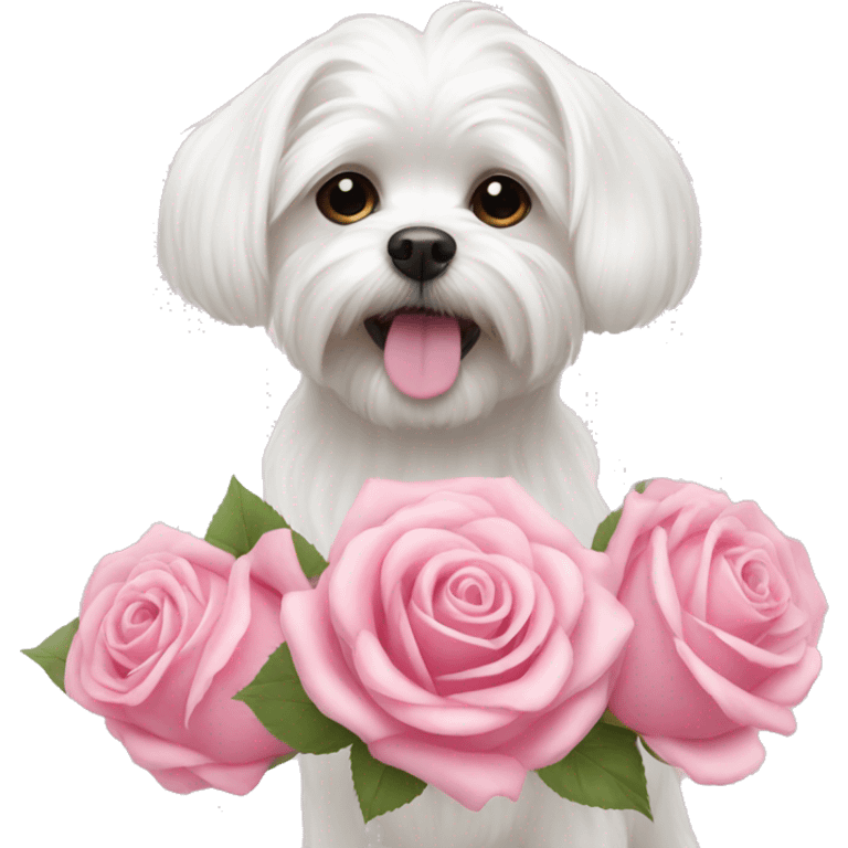  white maltese dog and pink roses  emoji