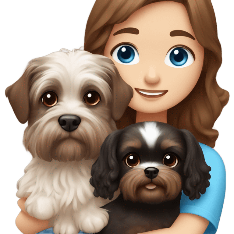 Brown long wavy hair blue eyes girl brown haired boy with blue eyes cuddling a brown dachshund and black fluffy shih tzu emoji