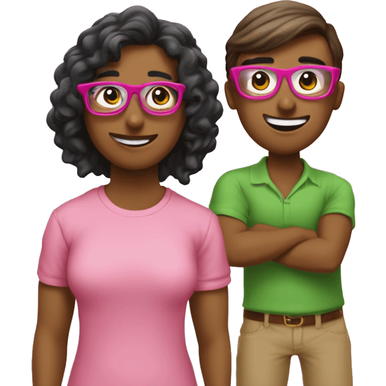 4 amigos, 3 mujeres y un chico, una de las chicas con gafas al igual que el chico, que se vean inteligente, que la ropa que lleven combine y sean en tonos rosados y verdes. emoji