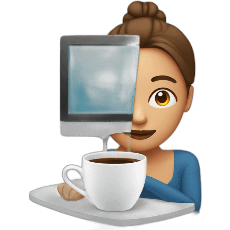 woman forehead behind a computer and coffee cup emoji