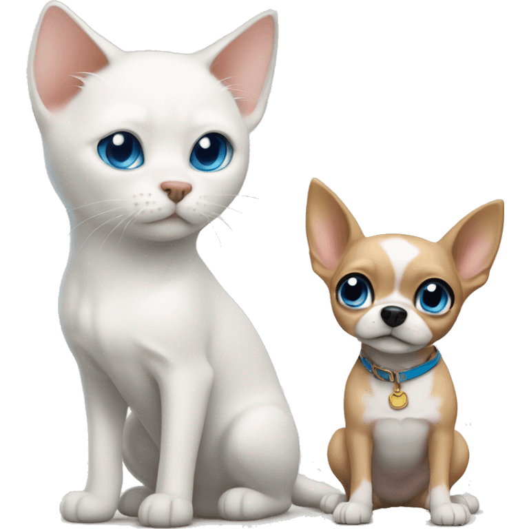 white cat blue eyes standing next to tan chihuahua  emoji