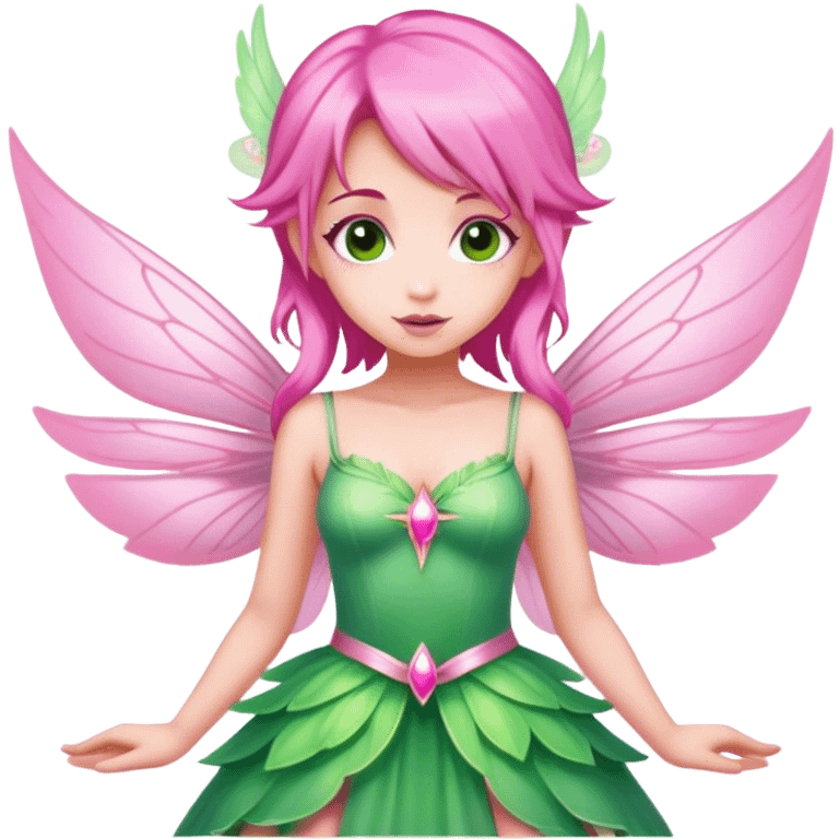 pink fairy with pink hair and pink wings in green dress magical emoji