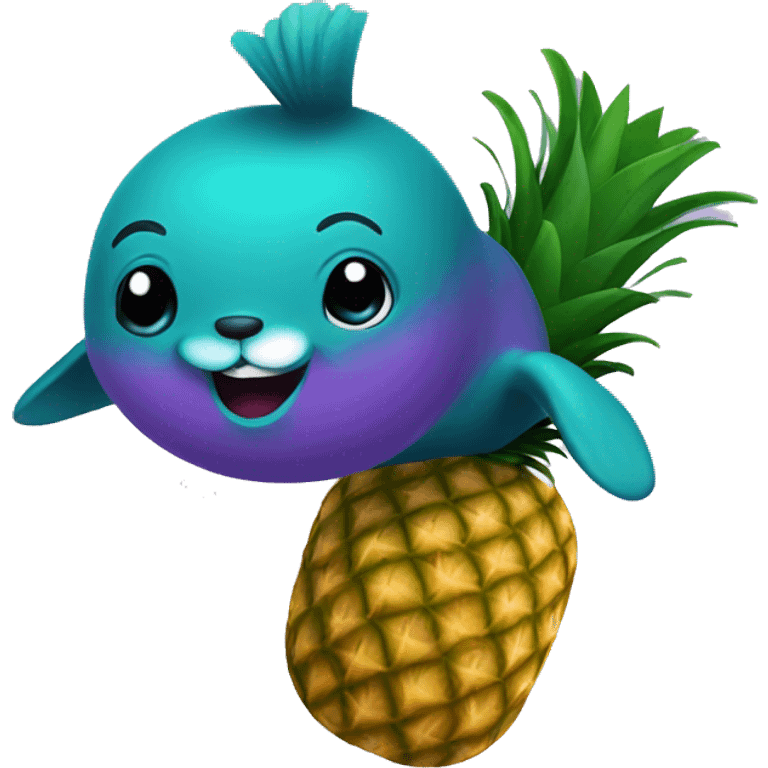 teal seal jumping out of purple pineapple emoji