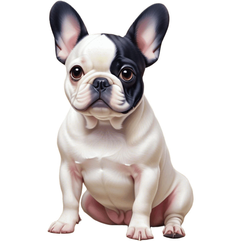 Cinematic Noble Pied French Bulldog Portrait Emoji, Radiating regal yet playful charm, with a distinctive pied fur of contrasting hues and a sculpted, expressive face featuring gentle, wise eyes and a confident stance, simplified yet artistically detailed, glowing with a soft, sophisticated radiance, high shine, exuding intelligent nobility and refined flair, soft glowing outline, capturing the essence of a noble Pied French Bulldog that embodies both strength and grace! emoji