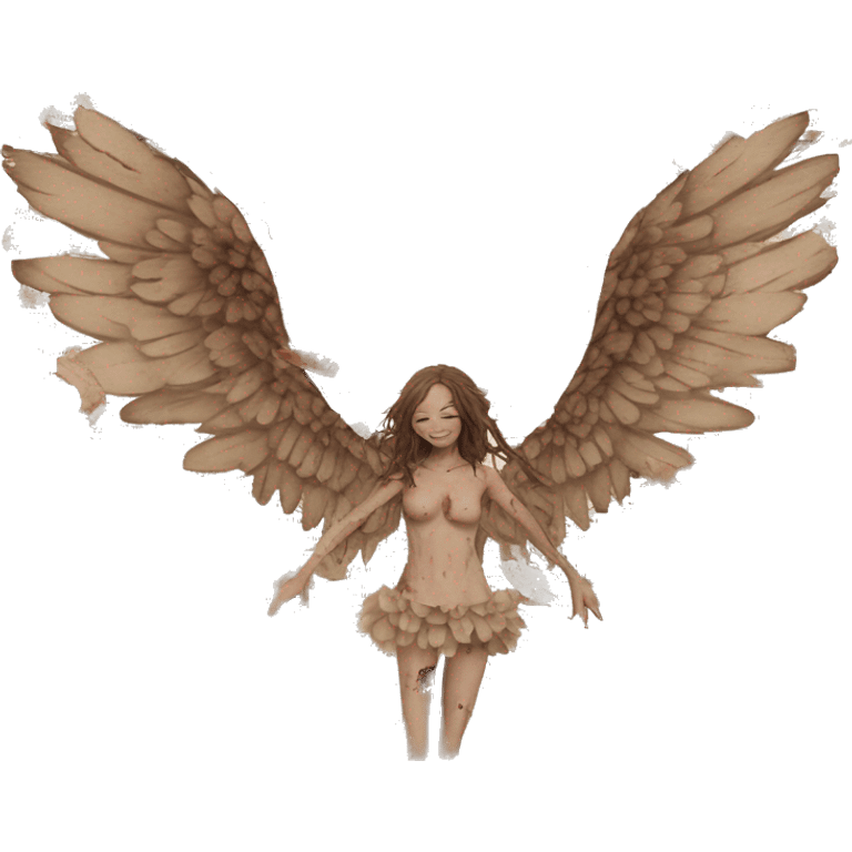 Zombie Library book bookworm academia aesthetic beige angel fallen angel tattoos with broken wing damaged wing torn wing, made of newspaper cuttings and dried flowers brown flowers emoji