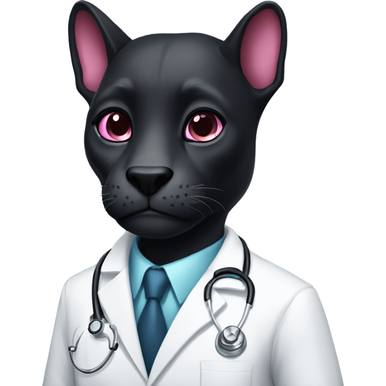 A black animal phanter with pink eyes and white doctor coat emoji