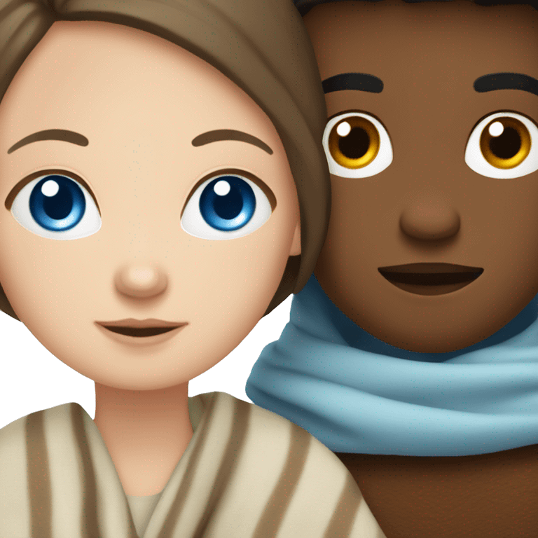 Brunette white girl with blue eyes in a blanket with brown  boy emoji