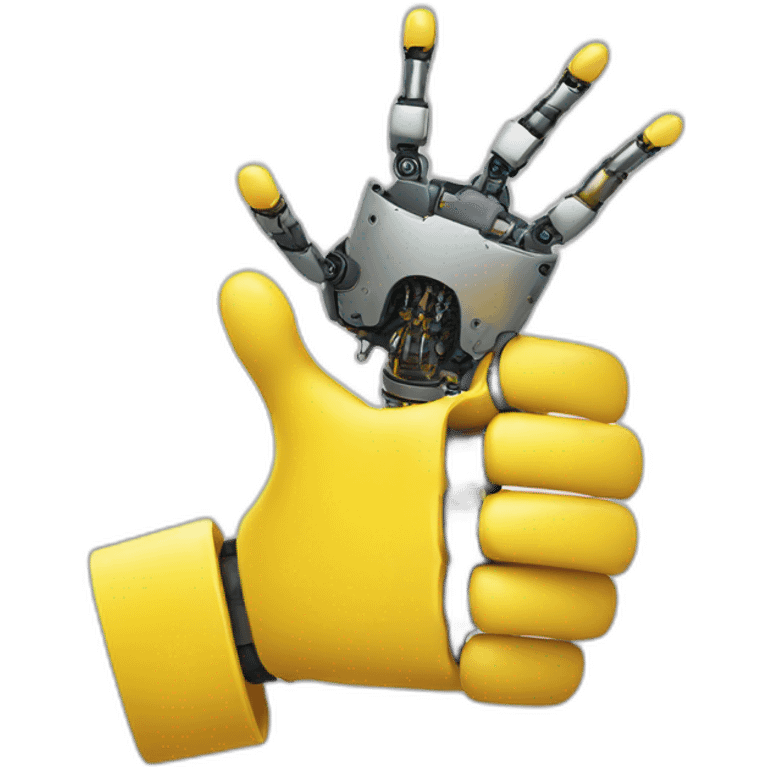 A yellow human hand shaking hands with a robotic hand emoji