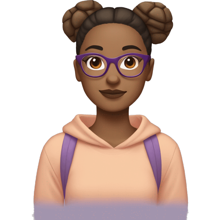 girl with tortoise shell square glasses, straight brown hair in a low bun, peach skin, and beige and purple sweatshirt emoji