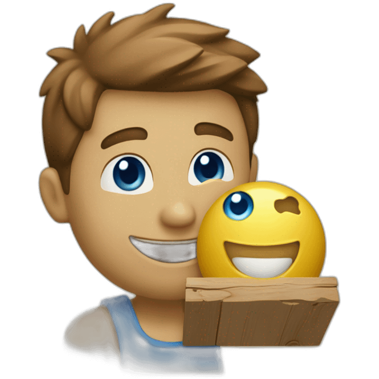 A person holding a box of wood with a beautiful smile will make any wooden product you want, he has a yellow food ball. Blue eyes and skin light beige. emoji