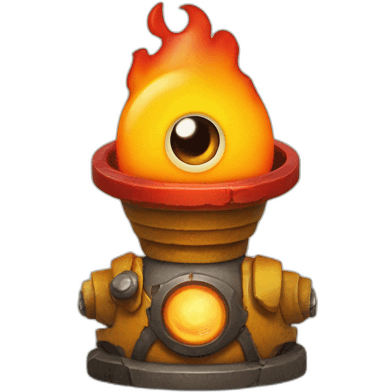 The Burny Games character, a cartoon-like yellow-orange figure with a dome-shaped body, flames at the top, large eyes, and a red tongue, is immersed emoji