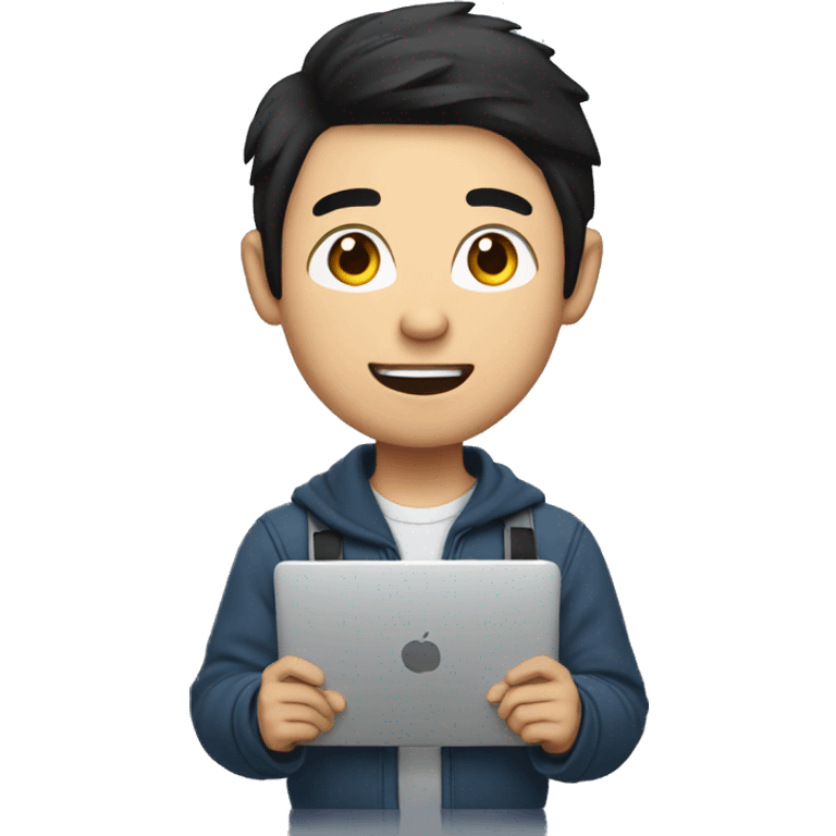 Asian man, black hair, college student holding laptop emoji