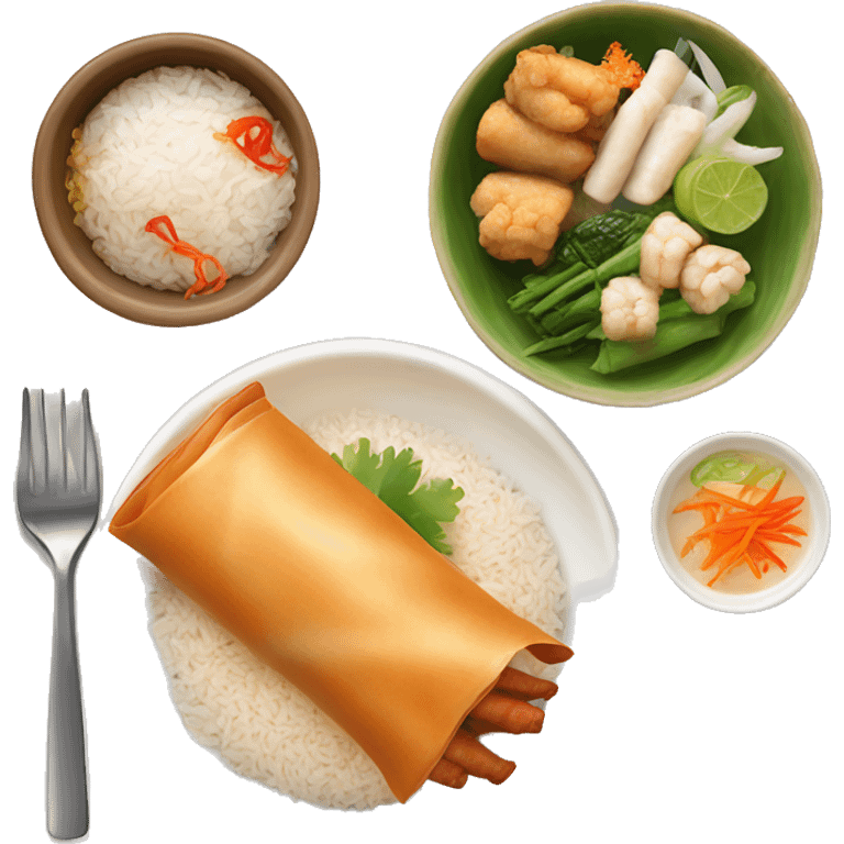 thai food mix with spring rolls and chicken vegetable and boil of rice emoji