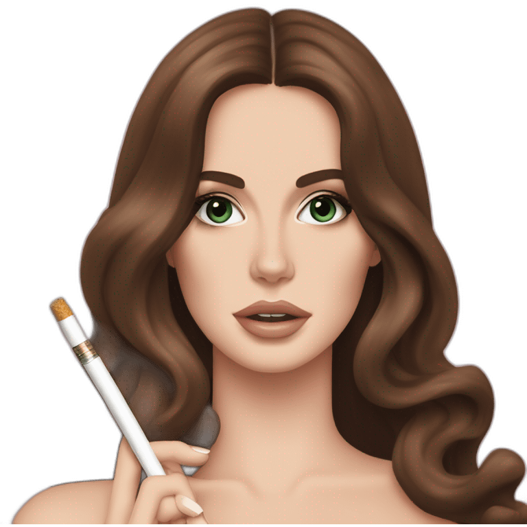 Lana del rey, charismatic, makeup, her eyes half open, holding her cigaret with long hair emoji