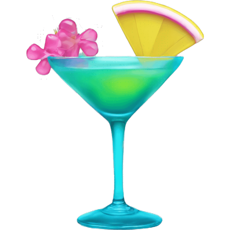 Bluish green cocktail with pink and yellow emoji