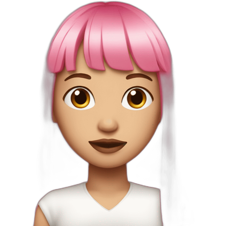 girl with long, straight pink hair and fringe and big lipsholding camera emoji