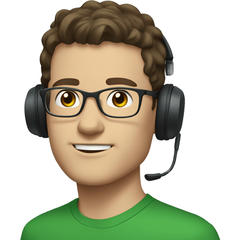 white young man with blue eyes and dark brown hair and square glasses wearing green t-shirt with headset emoji