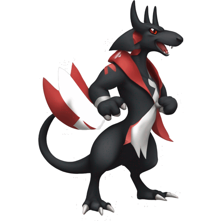 Black Cool Edgy Nargacuga-Houndoom-Garchomp Fakémon with Red and white Edgy markings, full body, outlined emoji