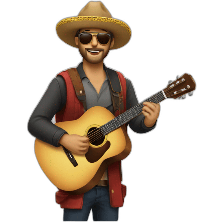 Cantautor con sombrero barba gafas y guitarras emoji