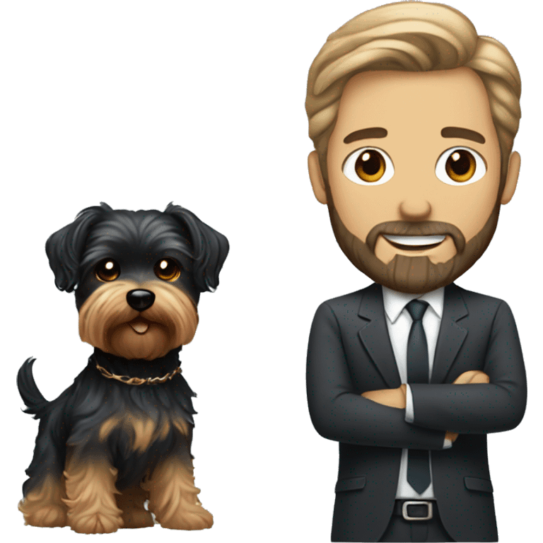 white man with beard and black woman with curl hair holding a mini Yorkshire terrier  emoji