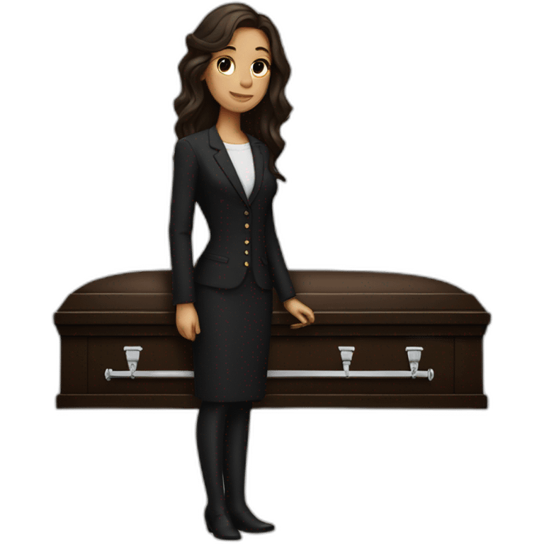 brunette standing next to a coffin emoji