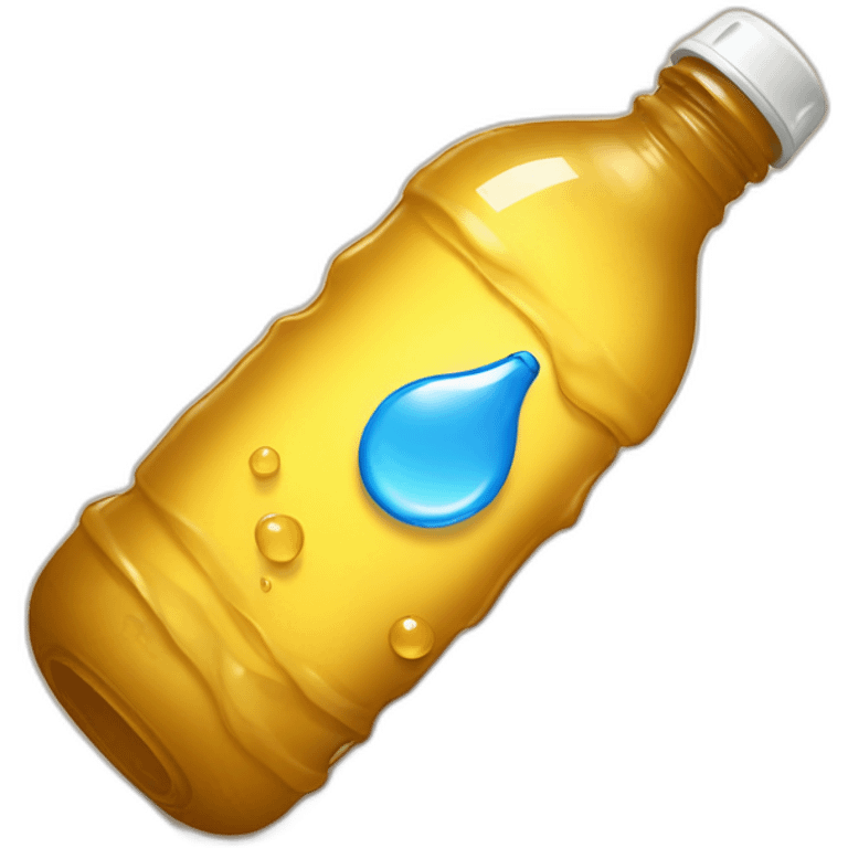 water bottle on the ground filled with brownish yellow liquid, crumpled emoji