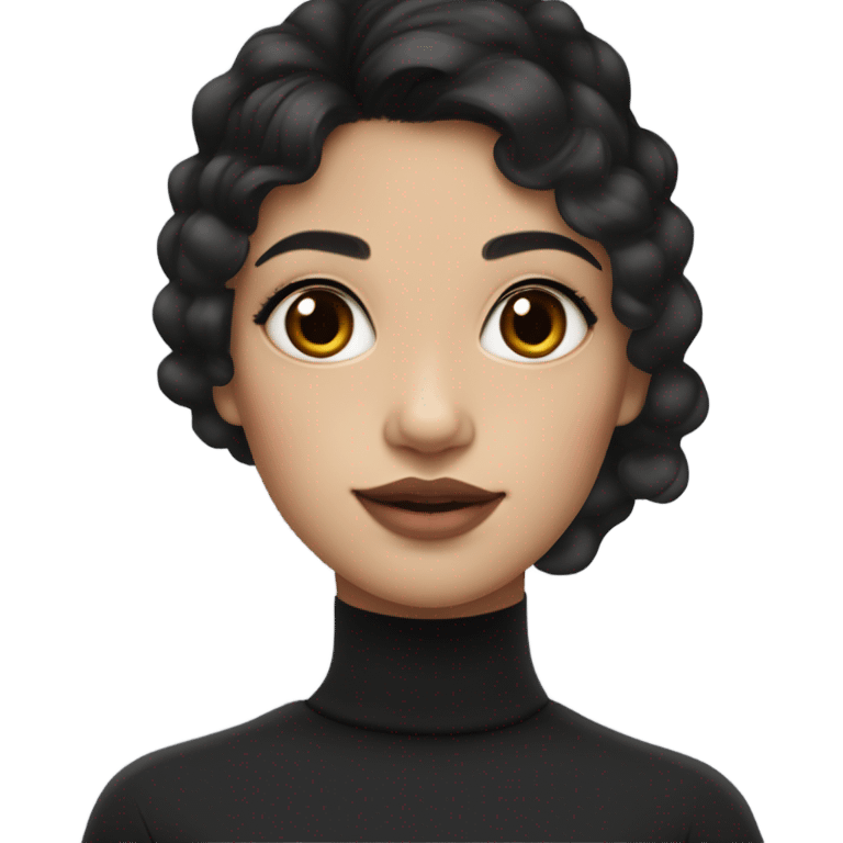 A girl with Asian features, fair skin, brown eyes, a mole, two moles under each eye, slightly curly black hair, wearing a black turtleneck, and full lips. emoji