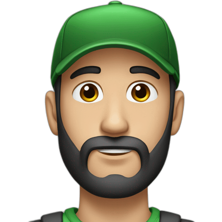 Man, thin face, dark brown long beard, up to his nose, protruding ears, green eyes, wearing black and red cap. emoji