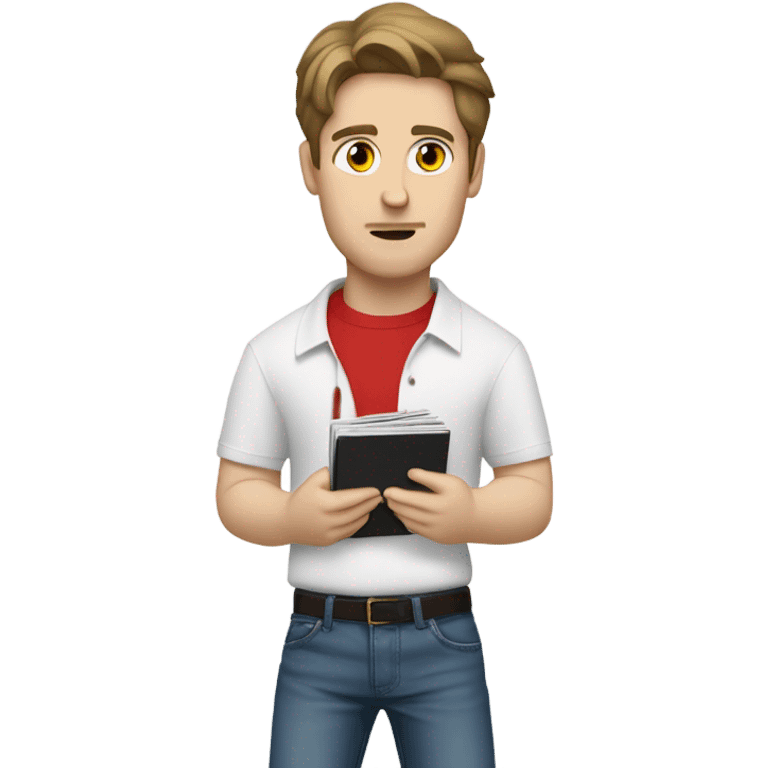 attractive brunette man wearing red polo overtop a white shirt and really baggy jeans looking at records, pale skinned emoji