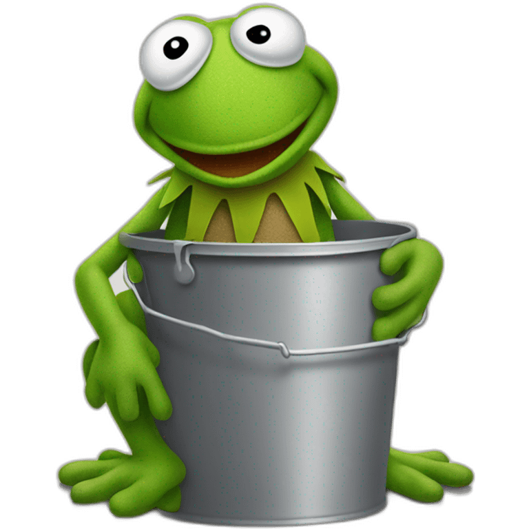 Sad Kermit, sitting on the ground against a wall, holding a bucket in his hands with tears flowing into the bucket  emoji