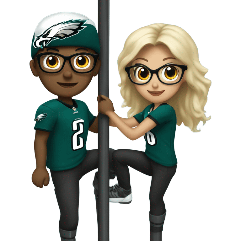 Dark brown hair female with glasses and blonde male with light skin who are both eagles fan climbing up a pole emoji