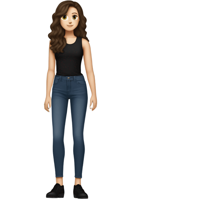 tall skinny brunette haired girl with brown eyes medium wavy hair and middle part curtain bangs wearing dark wash jeans and black high neck tank top and black mary jane heel shoes standing and holding fat black cat with white spot on its belly emoji