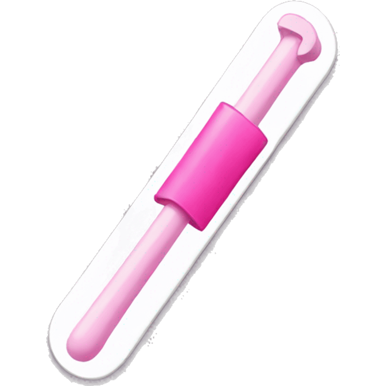 White flat plastic stick with pink end and pink positive sign emoji