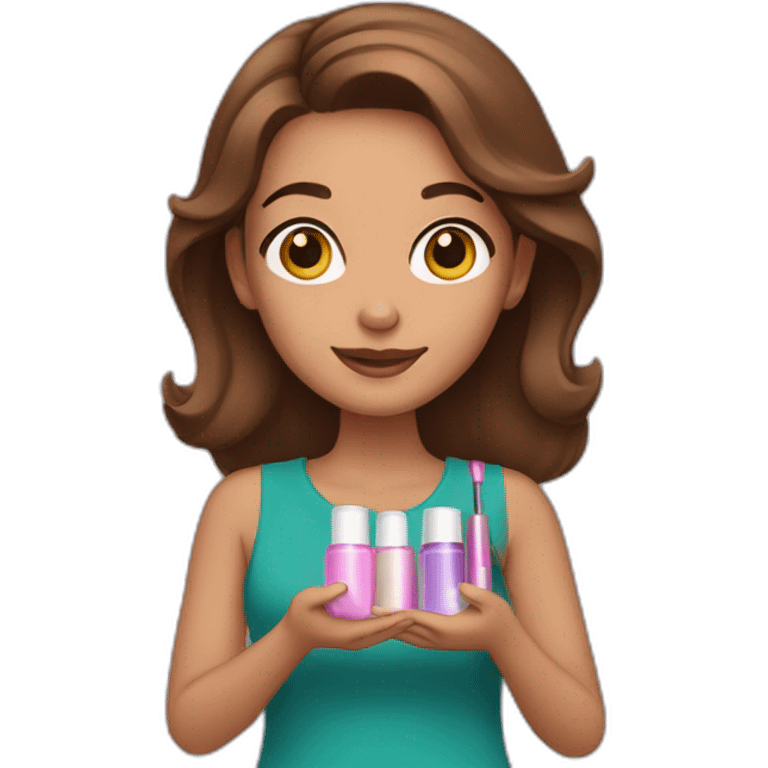 brown-haired girl holding cosmetic products in her hands emoji