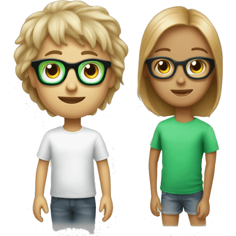 enfant avec des cheveux cours et maron 
avec des lunette de soleil noir et un t-shirt vert clair emoji