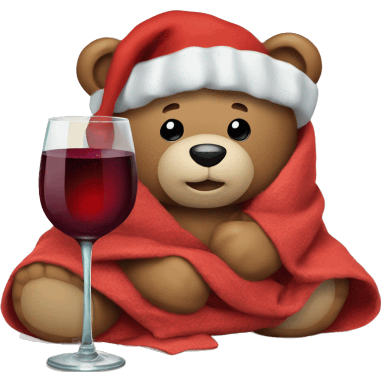 a Christmas teddy happy bear wrapped in a blanket with glass wine emoji