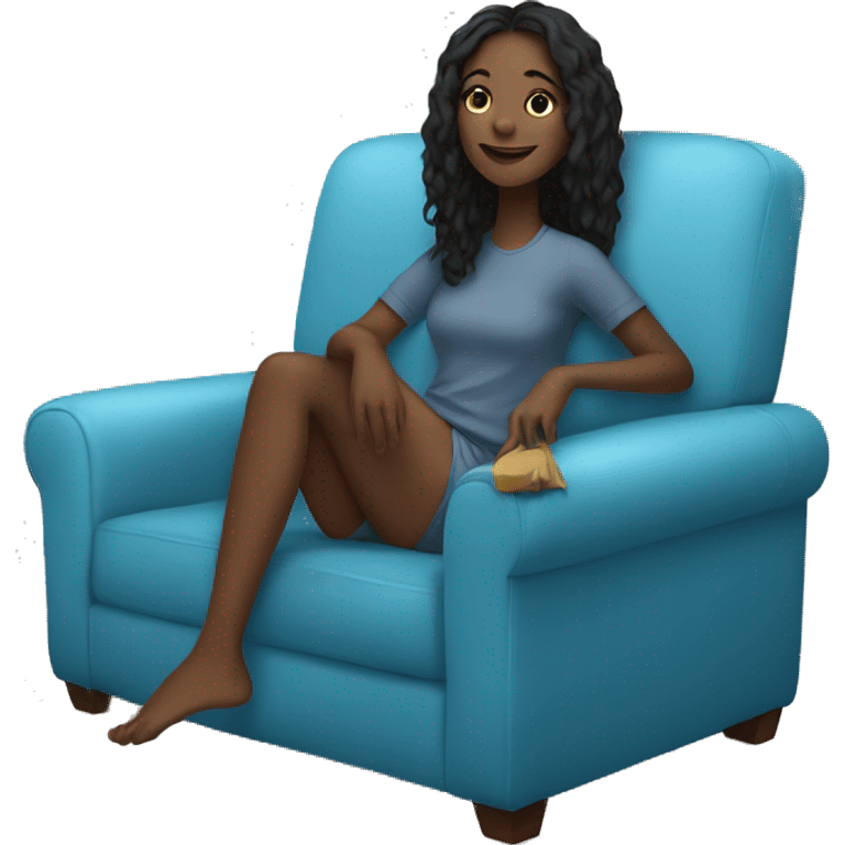 black girl, straight hair, lounging on a comfy blue couch, with her feet up, looking relaxed and happy emoji