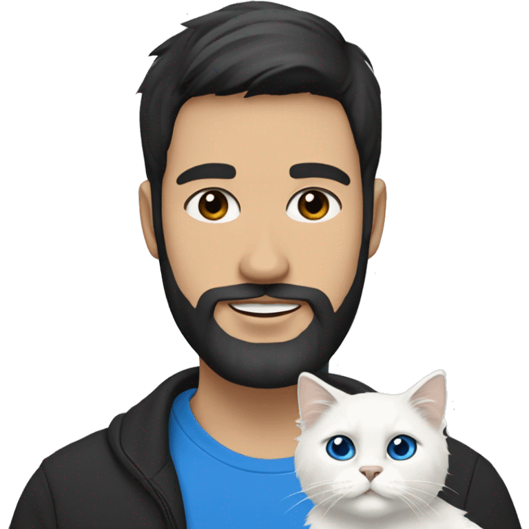 A guy with a black earing and black short hair and black beard and holding a all white Siberian cat with blue eyes  emoji