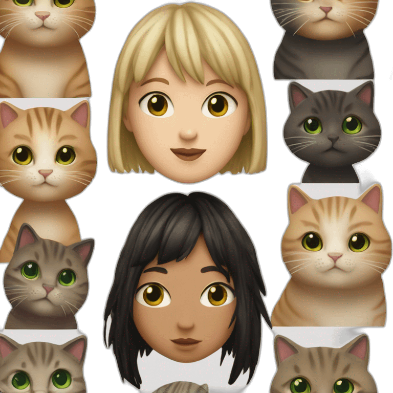 Girl with brown eyes and black pixi haircut kisses boy with kurt cobain haircut and green eyes and hugs brown fat cats emoji