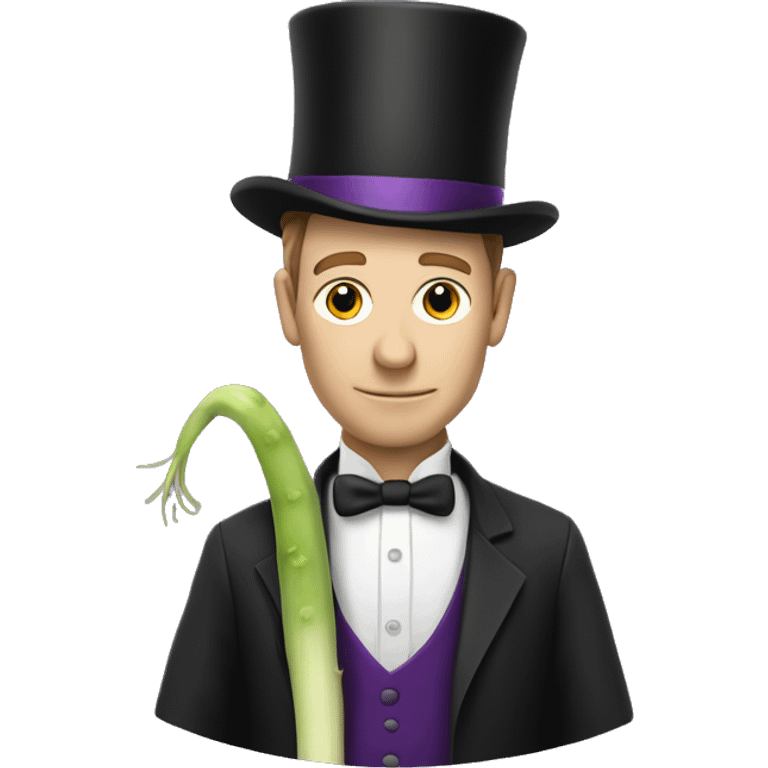 White man wearing a Top Hat with a purple band holding a leek emoji