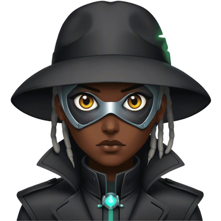 A dystopian bounty hunter, black trench coat, cybernetic eye glowing emoji